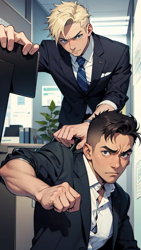 2Dイラスト、ジブリ風、Businessman、Desperate facial expressions and gestures、Company Office、sad