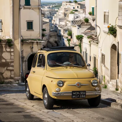 (fiat500, classical old italian fiat 500 car, sassi_di_matera), lupin iii drives the yellow fiat 500 through the alleys of the s...