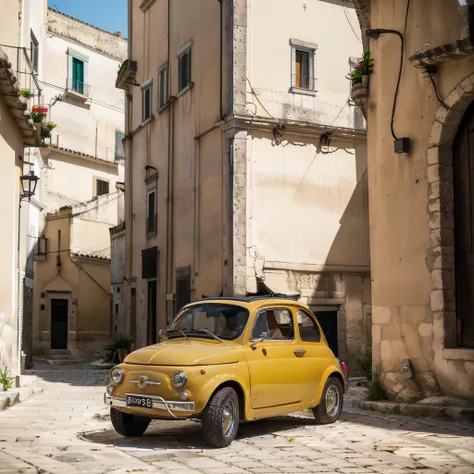 (fiat500, classical old italian fiat 500 car, sassi_di_matera), lupin iii drives the yellow fiat 500 through the alleys of the s...