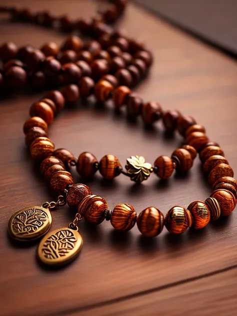 a prayer beads cord of brown beads with metallic medal carved with a tree, on a table, focus in the medal