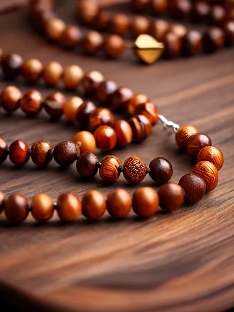 a prayer beads cord of brown beads with metallic medal carved with a tree, on a table, focus in the medal