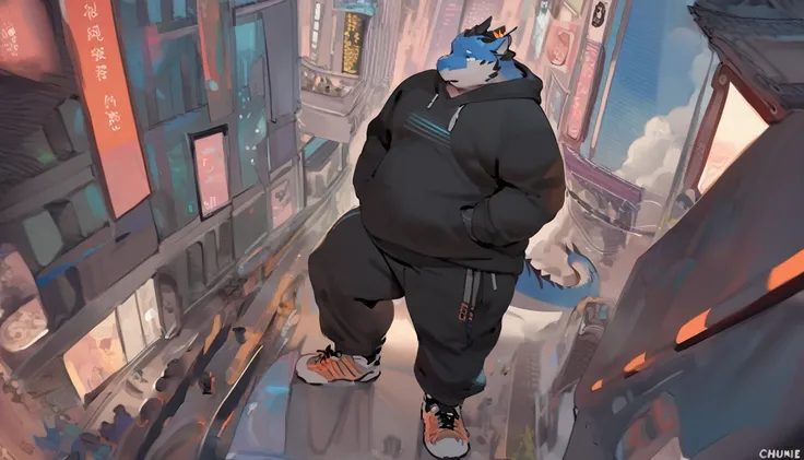 Dragon, male, adult, anthro, fat, chubby, plump,fetis chubby belly, cyberpunk fashion style, wearing black Hoodie, Long trousers, sneakers, out camera view, detailed background, colour full, In the middle of the city, Modern era, three point perspective,pi...