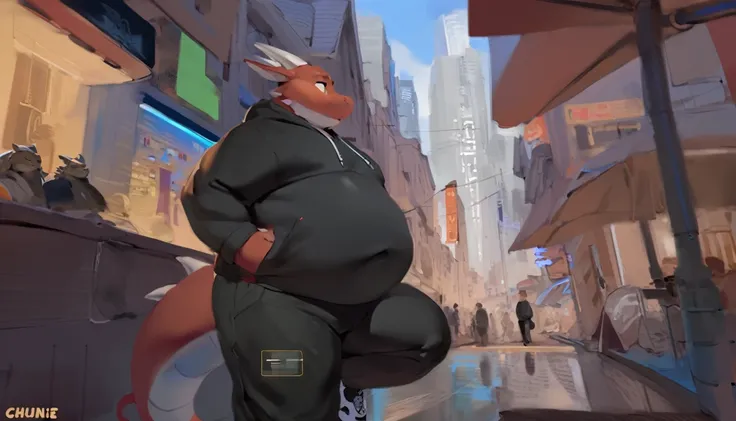 Dragon, male, adult, anthro, fat, chubby, plump,fetis chubby belly, cyberpunk fashion style, wearing black Hoodie, Long trousers, sneakers, out camera view, detailed background, colour full, In the middle of the city, Modern era, three point perspective,pi...