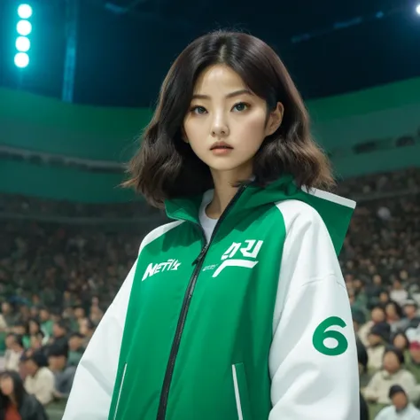 Hoyeon Jung, korean woman, 1 woman wearing green and white jacket, make sure the exact writting between parenthesis (067) appears on the top left of the jacket, netflix, squid game, Kang Sae-byeok, in a stone arena, front view
