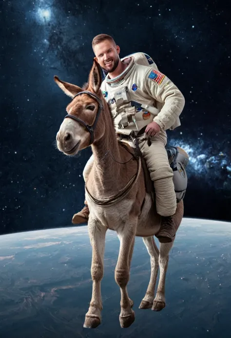 A man riding a donkey in space