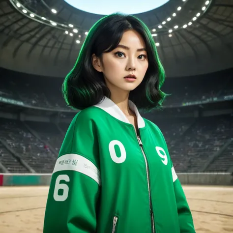 Hoyeon Jung, korean woman, 1 woman wearing green and white jacket, make sure those 3 numbers (067) appears on the top left of the jacket, netflix, squid game, Kang Sae-byeok, in a stone arena, front view
