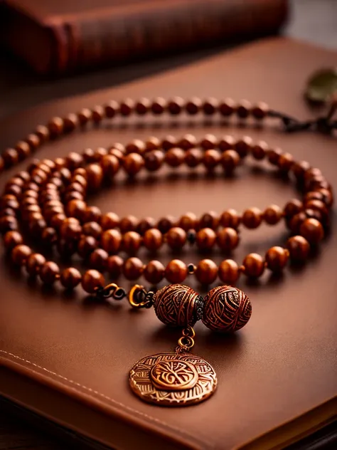 a prayer beads cord of brown beads with metalic medal carved with a tree, on a table, over a book, focus in the medal