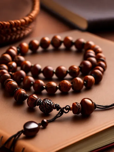 a prayer beads cord of brown beads with metalic medal carved with a tree, on a table, over a book, focus in the medal