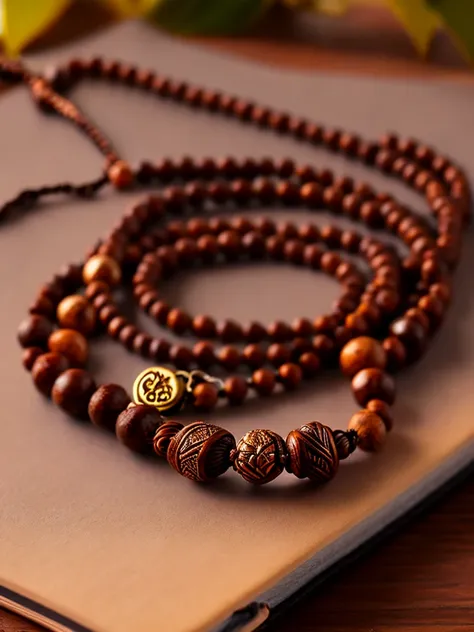 a prayer beads cord of brown beads with metalic medal carved with a tree, on a table, over a book, focus in the medal