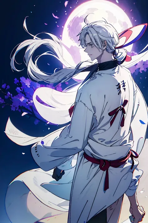 man from back, long and loose hair, bright full moon, beautiful atmosphere, silver, long white tunic, i love you