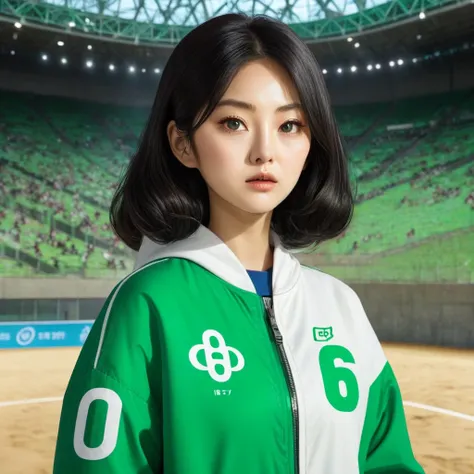 hoyeon jung, korean woman, 1 woman wearing green and white jacket which has the number 067 on the top left, squid game, kang sae...