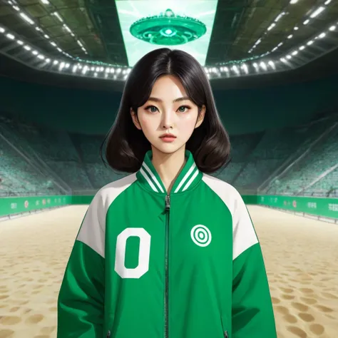 hoyeon jung, korean woman, 1 woman wearing green and white jacket which has the number 067 on the top left, squid game, kang sae...