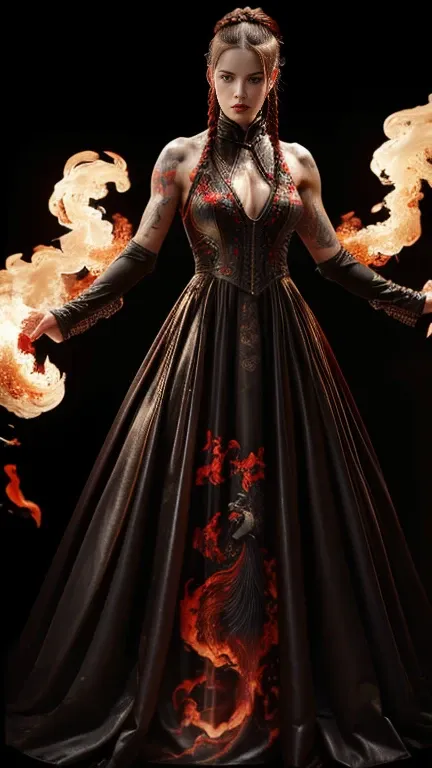 4k realistic, ultra-detailed photography of an athletic, demonic woman, demonic woman in a maxi leather dress, hairstyle is a cr...