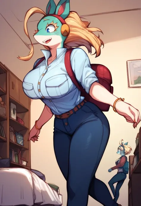 1girl,ippan josei,animal ears,backpack,bag,breast pocket,breasts,bed room,freckles,furry,giant,giantess,hairband,pants,pocket,shirt,snout,standing,walking,bangle,blonde hair, ahoge,blue eyes,colored skin,blue skin,multicolored skin,white skin,