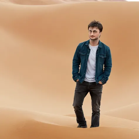 Harry Potter, Daniel Radcliffe, haletant, dans un désert vide, au loin, fatigué, à bout de souffle (Image 4K) (la plus haute qualité)