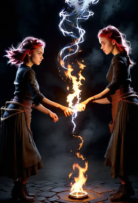 portrait of two girls, unravel,cast a spell and rangebender, beautiful dynamic dramatic dark moody lighting, shadows, cinematic ...