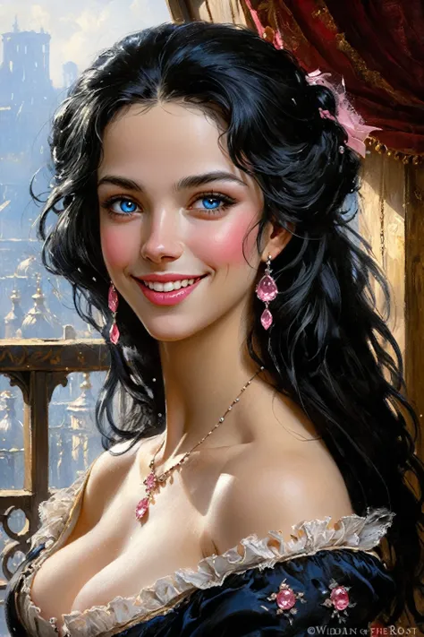 victorian french women of the 18th century, very detailed bright black hair, pink lips, delicate and sexy smile, very detailed s...