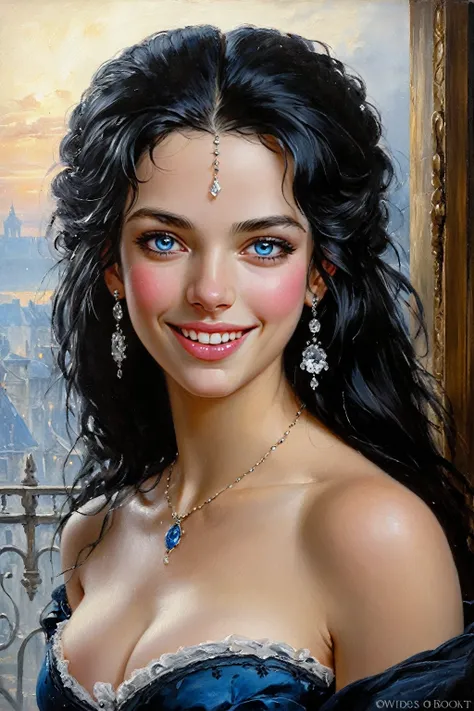 Victorian French Women of the 18th century, very detailed Bright Black hair, Pink lips, Delicate and sexy smile, without showing teeth, very detailed skin, Nice features, Wadim Kashin, James Gurney, ink, Splash Art, Amazing beauty, Royo, after sexing, Supe...