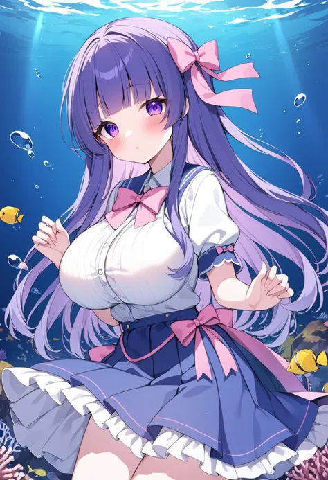 furuderica, wide, purple eyes, blue fur, blunt bangs, , pink bow, Skirt, , big breasts, , pink bow, Skirt,　bottom of the sea 