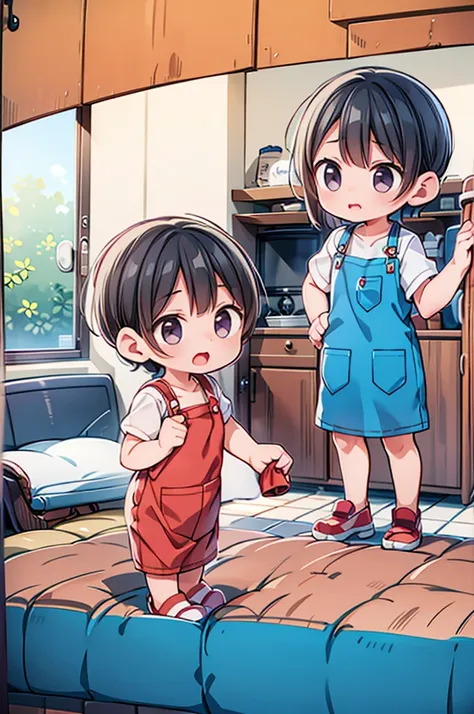 three young children with black hair, wearing nothing but a white kitchen apron, standing in a bed room.