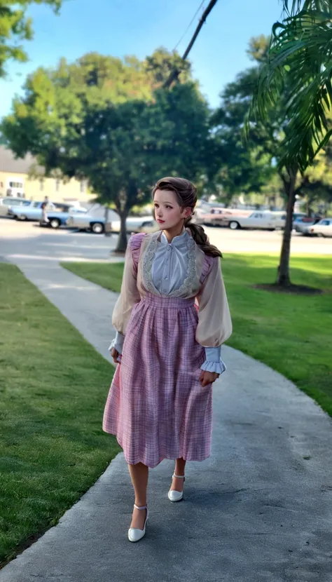 araffe Wearing a pink dressing gown and white blouse and white shoes, wearing 10s era clothes, dressed like in the 1940s, dressed in a pink dress, wearing clothes from the 1860s, Wearing a pink dressing gown, wearing 1850s era clothes, wearing 1 8 5 0 s er...