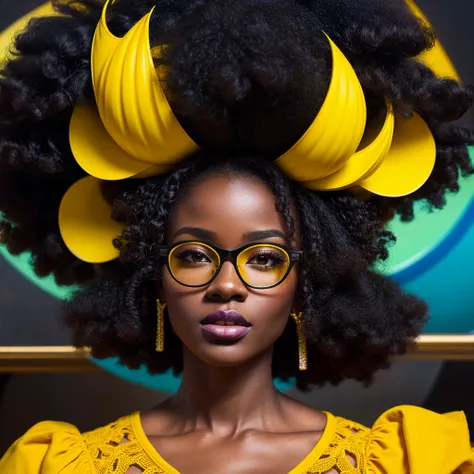 Beautiful black woman with afro hair for advertisement of stylish yellow-framed glasses, swirly vibrant colors, hyper realistic art in 4k, hyper realistic hair