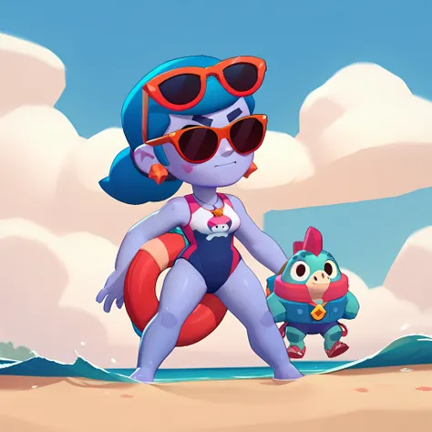 full body view of a triceratops dinosaur, female, in swimsuit, sky blue skin color, pink and white wild buoy, wearing sunglasses, brawl stars 