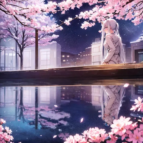 adult anime girl, white hair pigtails, ribbons, blushing, blue eyes, white cat ears, 8k, high res, 1 girl, good lighting, fine detail, rob, glasses, (masterpiece), perfect face, best quality, looking at view, flowers, petals, full body thick, sitting
