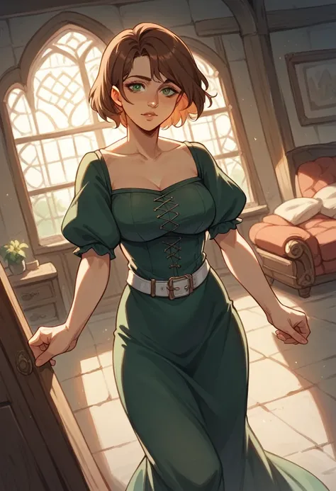 {{upper body, dutch angle}} {{Artist: sincos}} 1girl, mature female, brown hair, short hair, green eyes, black dress, white belt, indoors, living room, standing, pov, medieval fantasy.