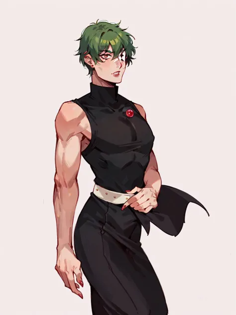 Anime character with green hair and black outfit posing for a photo, attractive androgynous humanoid, Full length portrait of a short!, androgynous person, delicate androgynous prince, !!Full length portrait!!, androgynous vampire, very detailed full body ...