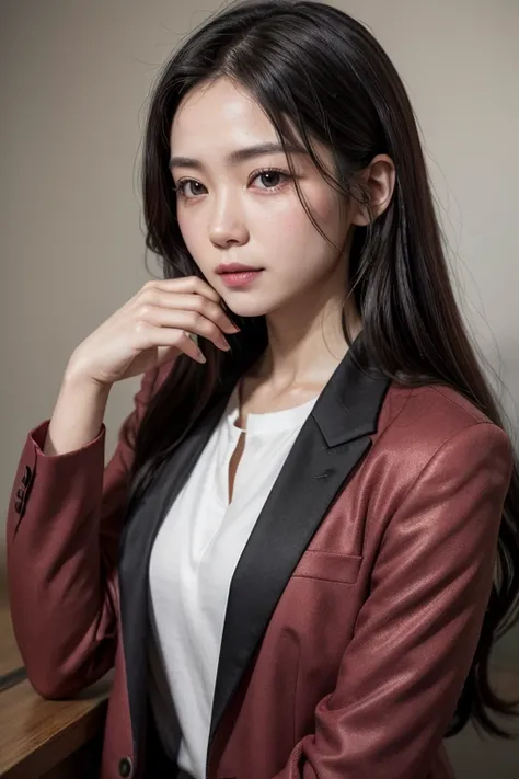 8K, CRU photo, Fujifilm, style photo of a beautiful young woman in her 30s (highly detailed skin: 1.2) Style-Petal BREAK long hair, long black hair on the sides, wearing a wine blazer, skin fair