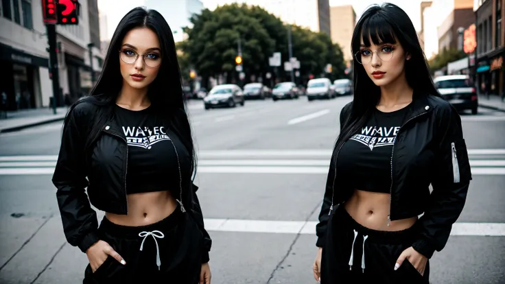  woman, long hair, black_hair, bangs,, dark brown eyes, black crop jacket, big breast, t-shirt with wave pattern , black sweatpants,round glasses,standing in the city