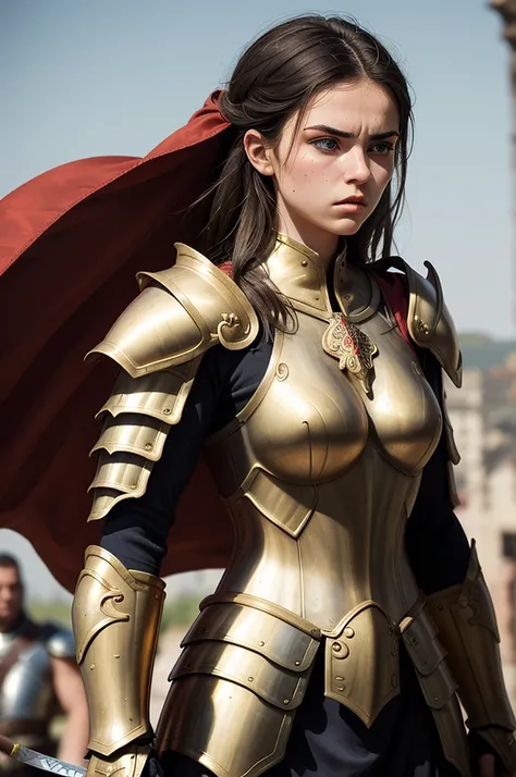 (best quality, masterpiece:1.3), 1 woman, 22 year old, Warrior, sword, armor, upper body,  AnjelikaV2, royal, cape, furrowed brow, parted lips,  film grain, blurry foreground, gold armor, aztec armor, 