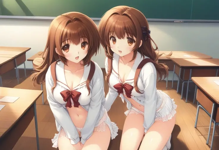 highest quality,((2 girls:1.5)), (cardigan)、eight-headed body, Put your knees on your chest:1.5, ((high school student)), ((classroom:1.5)), (White panties:1.5), Brown hair