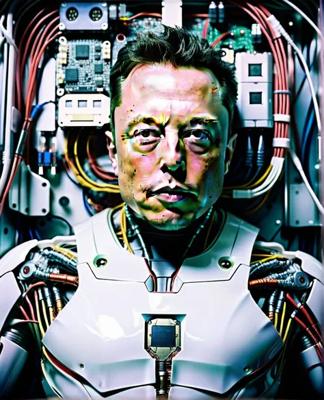 polaroid photo elon musk, film grain, high quality, cyborg, android, hyperrealistic, hyperdetailed, lots of components and wires