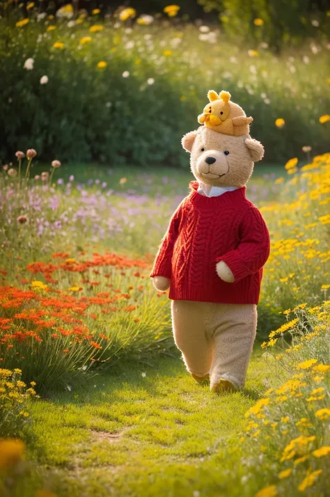 A teddy bear Winnie the Pooh holding a honey pot, wearing a red sweater, small in stature, walking through a blooming meadow with many flowers, (best quality,4k,8k,highres,masterpiece:1.2),ultra-detailed,(realistic,photorealistic,photo-realistic:1.37),high...