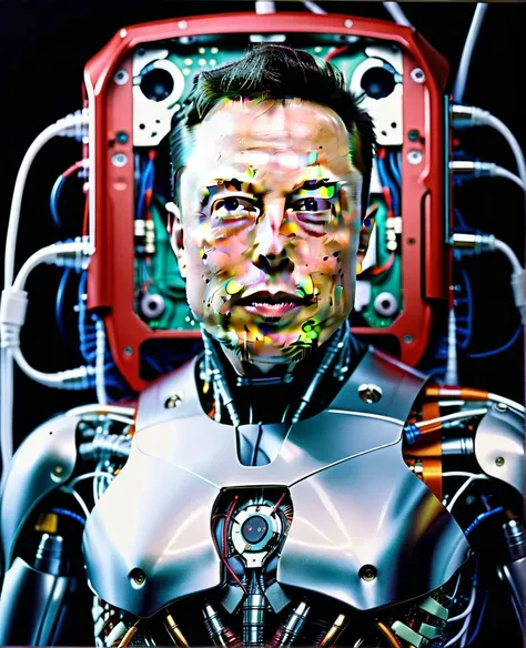 polaroid photo elon musk, film grain, high quality, cyborg, android, hyperrealistic, hyperdetailed, lots of components and wires