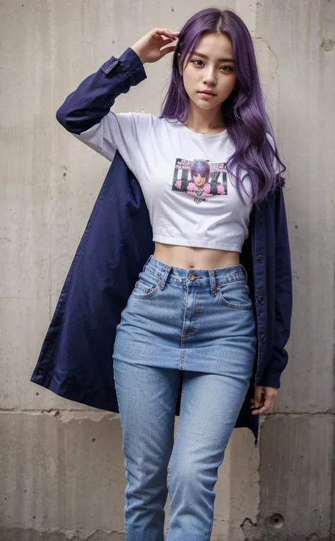 A beautiful girl with purple hair wearing jeans in front of the words The Queens of Bangtan is wearing a skirt  