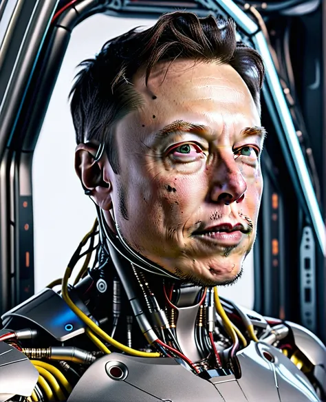 elon musk, high quality, cyborg, android, hyperrealistic, hyperdetailed, lots of components and wires