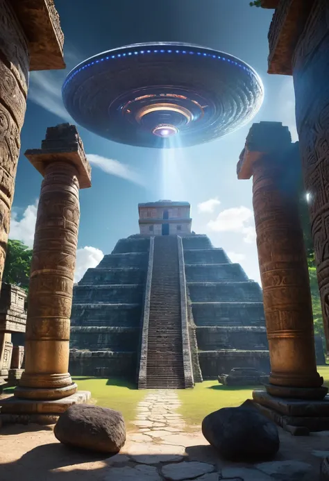 Ancient Mayan ruins, a fossilized ufo was discovered, HDR, vibrant contrast, 32k resolution, luminism lighting techniques, ultra-realistic digital render, bokeh, mass effect, close up black, beauty, pure perfection, divine presence, unforgettable, impressi...