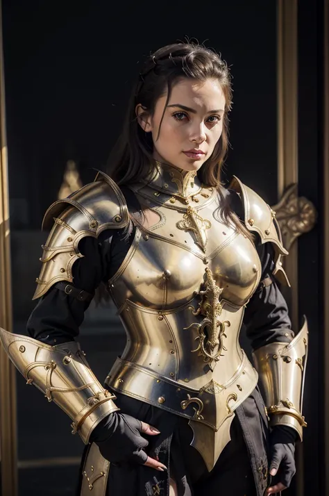 a close up of a woman in armor with a sword, stunning armor, wearing fantasy armor, very stylish fantasy armor, gold heavy armor. dramatic, beautiful armor, fantasy armor, black and gold armor, gothic armor, wearing ornate armor, intricate armour costumes,...