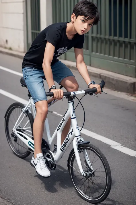 Boy training on a bike with an athletic shirt from Minas Gerais, short jeans, white Nike shoes and a black watch on his right wrist on the street of an ordinary city