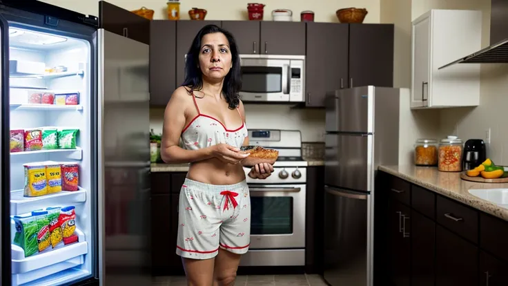  latina mom standing in front of open refrigerator topless looking for food(droopy tits, pajama shorts), high detail, (dark kitchen, fridge light glows on tits) 