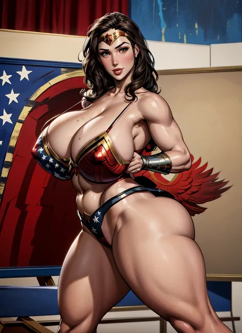 romantic，masterpiece，high quality，Adapting world famous paintings《Leading the people》，Wonder Woman holding an American flag, independence Day，American flag，Bald Eagle，Rich in American elements， a girl, Gal Gadot plays Wonder Woman, sexy body, Beautiful fac...