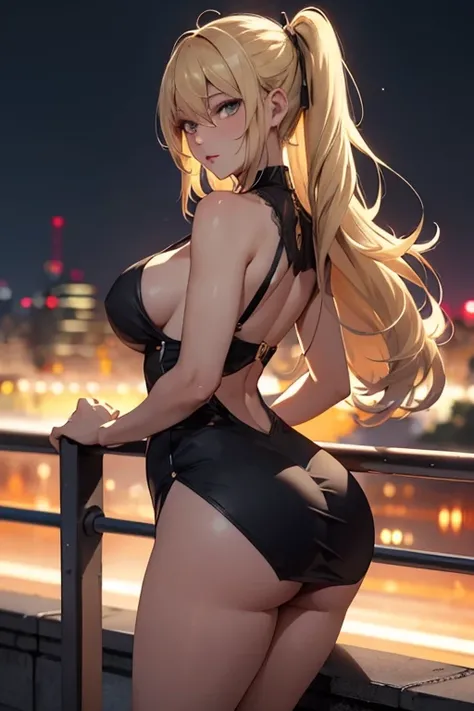 masterpiece, best quality, shadows, perfect hands, perfect legs, perfect anatomy, pretty face, mature features, 1 girl, 21 years old, mature woman, sexy black dress, city night background, blonde long hair, thighs, ass, breast, seductive, spicy, posing, ci...