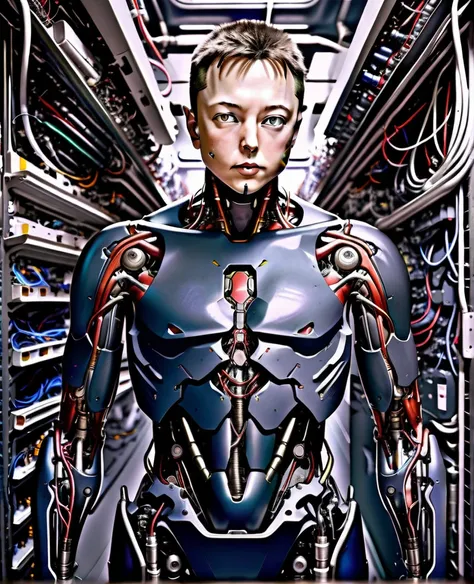 elon musk, high quality, cyborg, android, hyperrealistic, hyperdetailed, lots of components and wires