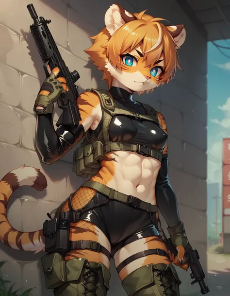 score_9, score_8_up) score_7_up, score_6_up, solo, tiger, kemono, anthro, cute, short hair, blue eyes, white pupils, sexy pose, orange fur, tactical harness, croptop, thigh high boots, assassin girl, mesh body suit, tactical gloves, latex, small breasts, o...