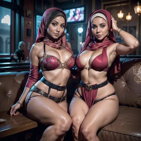 (((Naked & nude unclothed))) two women in naked and nude posing for a picture in a bar (((extremely detailed Prefect skin colour and tone))) (((((4:Four chubby & BBW obsesse cute Hijab lesbians details and perfect women sit on a Couch open legs behind Nigh...