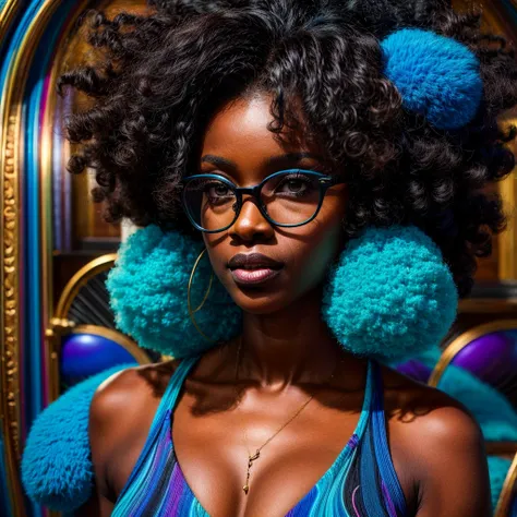 Beautiful black woman with afro hair advertising stylish glasses with blue frames and lenses, swirly vibrant colors, hyper realistic art in 4k, hyper realistic hair