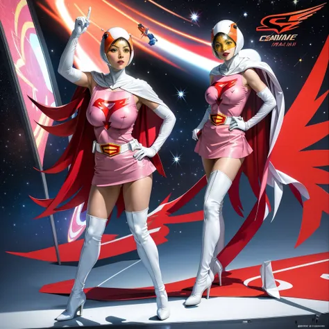 ANI_CLASSIC_jun_gatchaman_ownwaifu,1girl, 15yo,good anatomy, masterpiece, best quality,realistic, hyper realistic, 16k hdr, long hair,breasts,lips,large breasts,lipstick,makeup,gloves,cape,helmet,belt,elbow gloves,white gloves,mask,ultra miniskirt,leotard,...